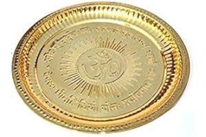PARIJAT HANDICRAFT Brass puja Plate aarti pujan thali Golden Brass Prashad Chandan Pooja Article (8-Inch, Om-Design)