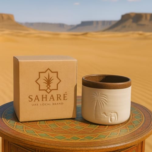 Handcrafted Ceramic Cup with Camel & Palm Tree | “What the Desert Gives” Gold Quote | Gift-Ready UAE Souvenir | Minimalist Mug by Saharé | Rustic Beige, Premium Finish