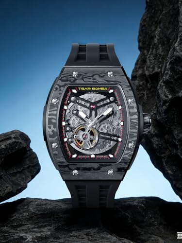 TSAR BOMBA Men's Automatic Watch Skeleton Watch Luxury Barrel Mechanical Watch 50m Waterproof Analog Watch