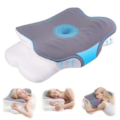 Memory Foam Pillow, Adjustable Butterfly Ergonomic Pillow, Cervical Neck Pillow for Pain Relief Contour Ergonomic Orthopedic Support Bed Pillow for Side Back Stomach Sleepers, Cooling Washable Cover