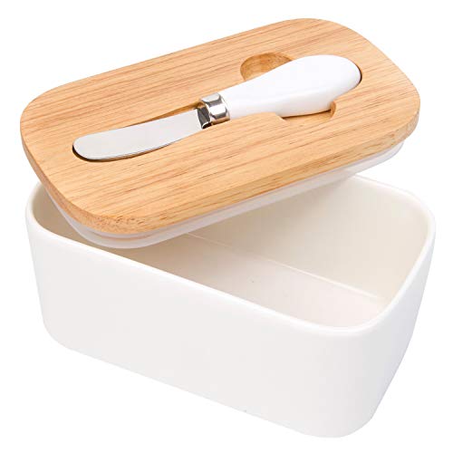 Arswin Butter Dish with Lid, LARGE 650ml Porcelain Keeper with Bamboo