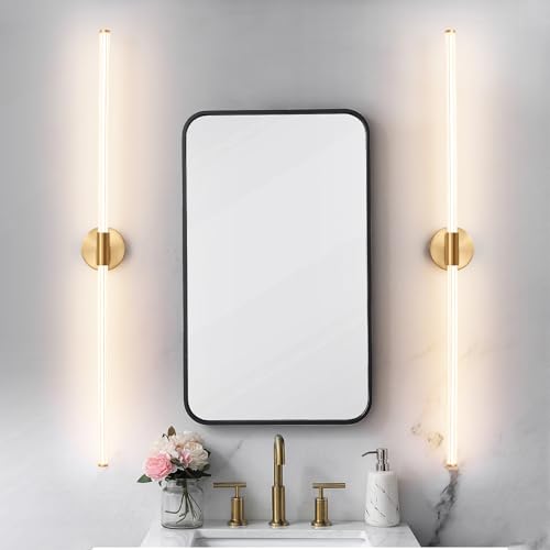 Luces de tocador de baño doradas de 47 pulgadas de largo, accesorios de iluminación para baño sobre espejo, con cableado fijo, LED regulable, iluminación completa de 360°, barra de luz de tocador
