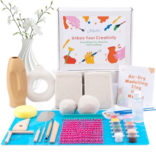 JelyArt Adult Pottery Self-Hardening Clay Ceramic Kit for Beginners with Acrylic Paints, Stamps and Tools Clay Pottery No Bake for Beginners