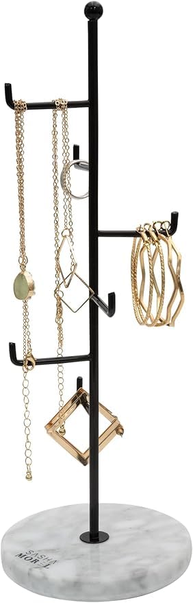 Sasha Morel 6 Tier Metal Jewellery Stand | Hanging Jewellery Organiser with Marble Base | Necklace Display Stand Room Decor for Earrings, Rings Organiser Storage & Gifts for Women (Black)