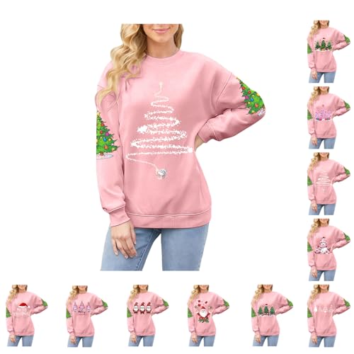 Christmas Jumpers Women Christmas Jumpers for Women UK Cute Tree Printed Crew Neck Sweatshirt Think Thermal Oversized Top Soft Long Sleeve Pullovers Pretty Pink Tunic Jumper #White 3XL