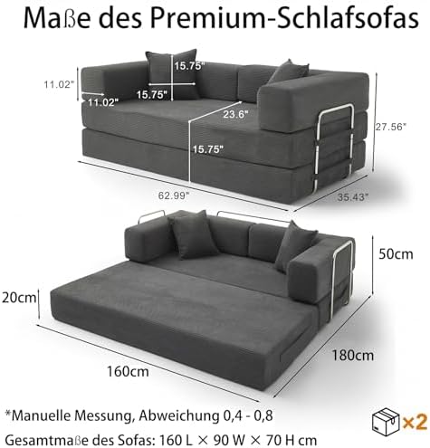 Rahmenloses Schlafsofa, 160 cm, mit Schaumstoff und Federn, für Wohnzimmer, Grau