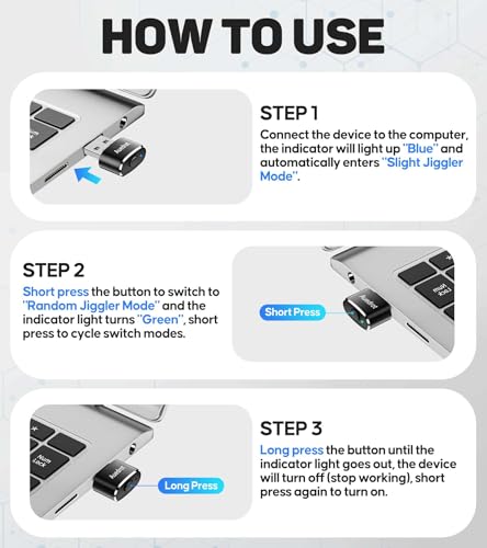 USB Mouse Mover with Switch Button, Automatic Mini Mouse Shaker with 2 Jiggle Modes, Driver-Free, Plug & Play, Keep Computer/Laptop Awake, USB-C Adapter, Black