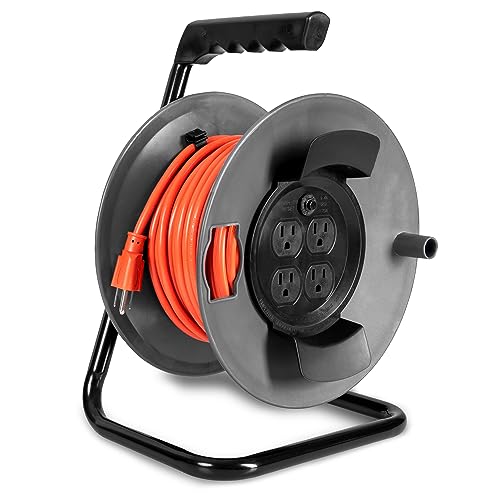 Iron 50 Ft Extension Cord Reel with 4 Electrical Power Outlets