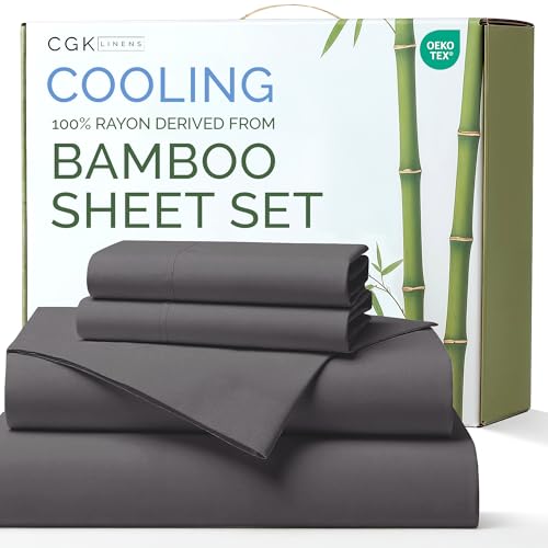 Photo 1 of 100% Rayon Derived From Bamboo - Bamboo Sheets Full Size - Cooling Sheets for Full - Soft, Breathable & Hotel Luxury Bedding - 1 Flat & 1 Fitted & 2 Pillowcases with 16 Inch Deep Pockets - Dark Grey