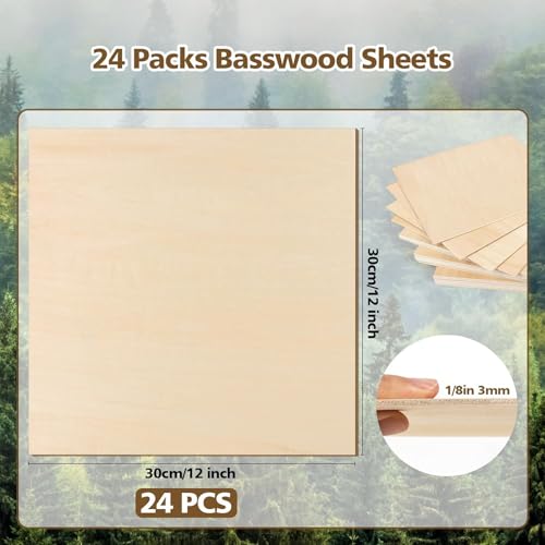 24 Packs Basswood Sheets, Plywood Board Unfinished for Crafts, DIY Architectural Ornaments Models Making and Engraving, Wood Burning, Drawing, Laser Cutting, 30 * 30 * 0.3Cm