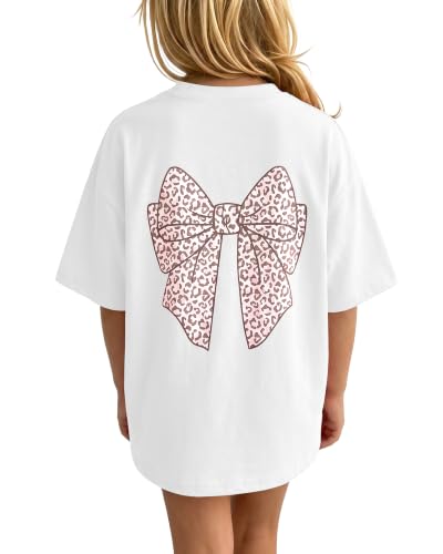 Girls Graphic Tees Casual Bow Leopard Print Short Sleeve White T Shirt Drop Shoulder Crew Neck Cute Baggy Tshirt for Kids Size 14 at Amazon