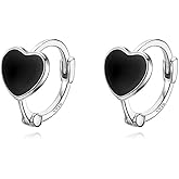 Reffeer Solid 925 Sterling Silver Love Heart Hoop Earrings for Women Teens Black Heart Hoop Earrings Huggie