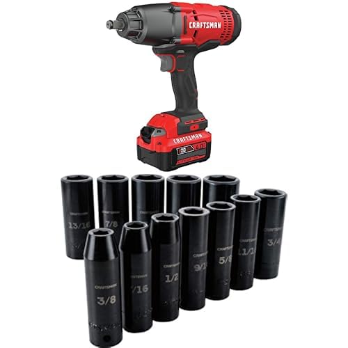 CRAFTSMAN V20 RP 1/2 inch Cordless Impact Wrench Kit, Brushless, 4Ah Battery and Charger Included (CMCF900M1) + Deep Impact Socket Set, SAE, 1/2-Inch Drive, 6-Point, 12 Pieces (CMMT15886) Image