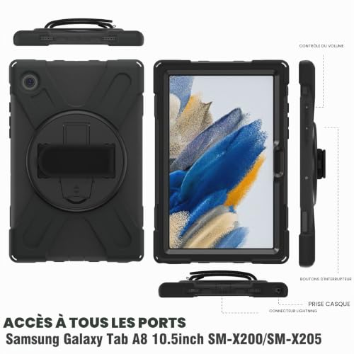 Gerutek Shockproof Case for Samsung Galaxy Tab A8 10.5 Inch 2022, (SM-X200/SM-X205/SM-X207), Heavy Duty Armor Case with Rotating Stand, Hand Strap and Shoulder Strap, Cover for Samsung Tab A8 10.5-Inch, Black