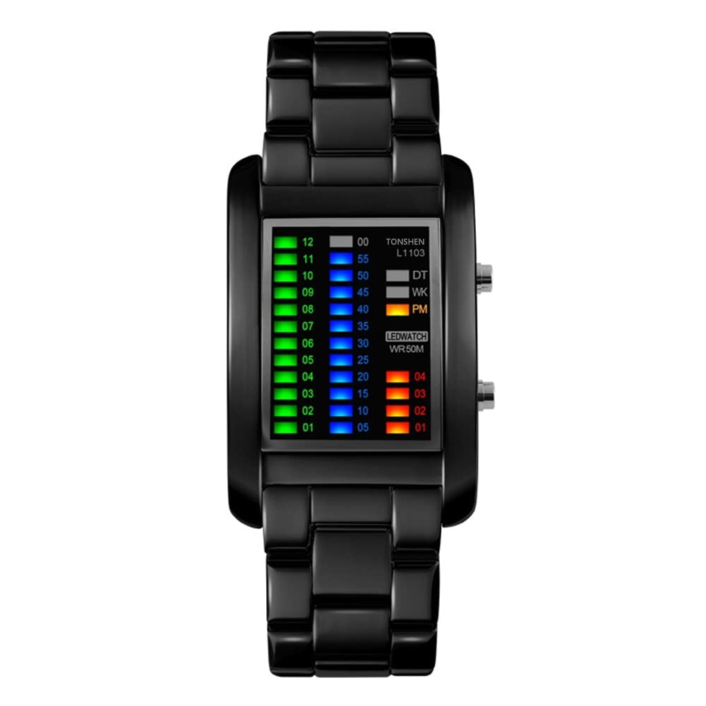 TONSHEN Unisex Digital Watch 4 Colors LED Lights Binary Watch Waterproof 50M 164FT Water Resistant tainless Steel Watch for Men Women Calendar Date Week Fashion Sport Dress Wrist Watch - Black