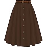 Belle Poque Women's Vintage Stretch High Waist A-Line Flared Midi Skirts with Pockets & Belts