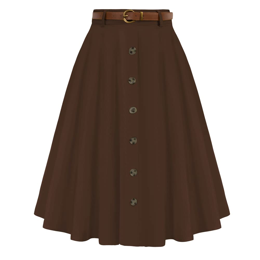 Photo 1 of Womens Brown Midi Skirts Below Knee Length A-Line Long Skirt High Waist for Women Brown L