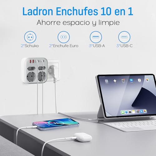Thief Flat Sockets, 10 in 1, Multiple Plug with 6 USB, 2 Schuko and 2 EU Plugs, Wall Sockets, Double Plug 3500W, Thief USB C Plugs for Mobile, Family, Office, Kitchen, Grey White