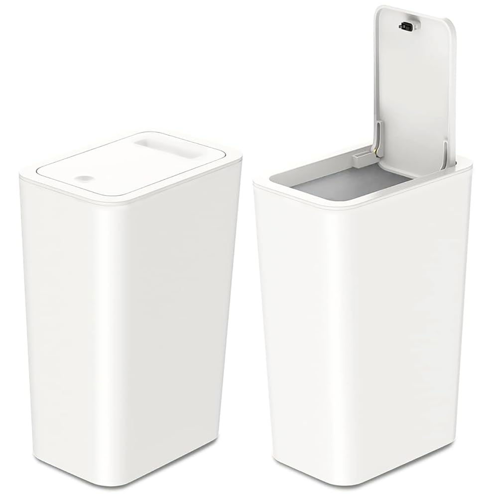 Photo 1 of mzxoo 2 Pack Slim Space-Saving Trash Can with Press Top Lid, 15L 4 Gallon Durable Plastic Garbage Bin for Kitchen, Bathroom, RV, Office, Small Container Wastebasket for Narrow Spaces (2 Pcs White)