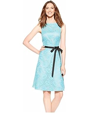Calvin Klein Blue Belted Lace Fit & Flare Dress