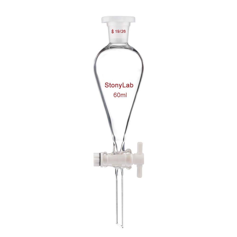 StonyLab Borosilicate Glass 60ml Heavy Wall Conical Separatory Funnel with 19/26 Joints and PTFE Stopcock, 60ml