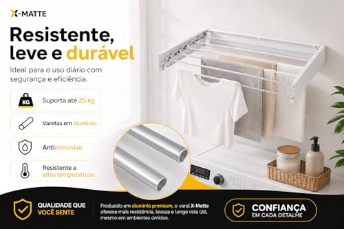 Varal Retrátil De Parede Magico Secreto Recolhível Resistente Em Alumínio Reforçado Para Lavanderia Apartamento e Economiza Espaço Invisivel Dobrável 80cm Com 5 Varetas X-MATTE (BRANCO)