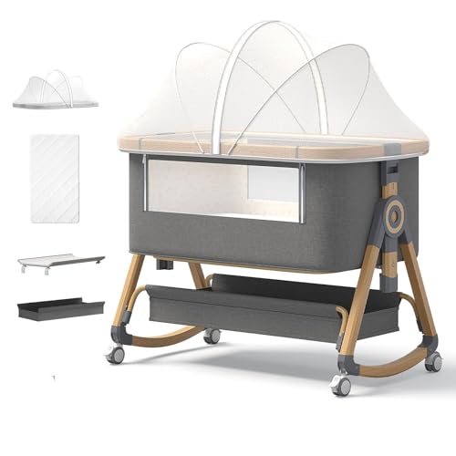 Jimberbay Baby Bassinet, 4 in 1 Bedside Cribs with 4D Air Fiber Mattress & Mosquito Net, Waterproof Mattress Bedside Sleeper Baby Cot with Height Adjustment & Storage Basket, Light Grey