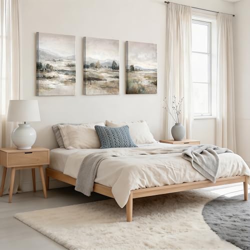 3 Pcs Abstract Fog Field Modern Pictures Decoration With Frame, Blue Beige Mountains Landscape Picture and Prints Retro Tranquility Marisma Decorative Canvases Home for Living Room Bedroom 50 x 70 cm