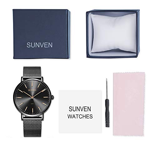 Mens Watches Steel Waterproof Quartz - SUNVEN Super Thin Slim Big Case 47mm for European Size Stainless Steel Strap Analog Gift Adjust Bracelet Tool (47, Black)