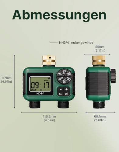 MOES Irrigation Computer, 2 Outputs with Brass Inlet, Independent Dual Zone Watering Timer for Garden & Lawn, Automatic & Manual Mode, Water Timer with Rain Delay