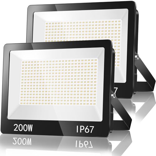 TASINUO Outdoor LED Spotlights 200W 2 Pack, IP67 Waterproof Outdoor Projector, 20000LM 6500K Super Bright Cool White Security Light, Powerful LED Lights for Stadium, Garage, Garden