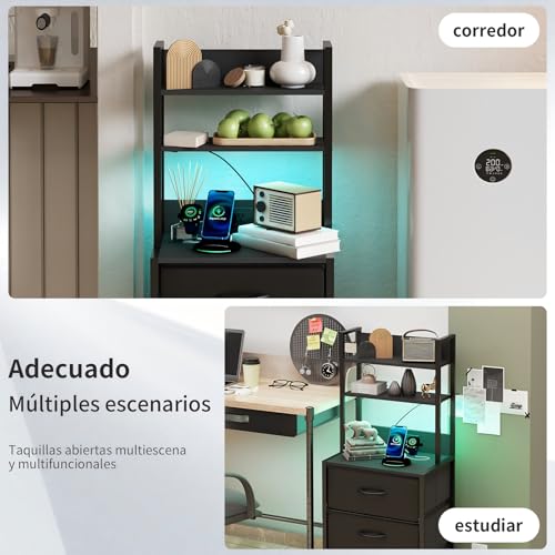 Simple Wisdom Buros para recamara -Mesita De Noche de 6 Niveles,3 cajones Mesa Auxiliar con Estación De Carga de 2 enchufes y Puertos USB y Tira de luz LEDcajón de Tela de Cuero*3. (Negro)