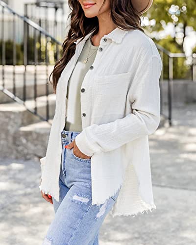 IGENJUN WHITE BUTTON DOWN FLANNEL SHIRT WOMEN TOPS FOR WOMEN CASUAL TOPS LONG SLEEVE LINEN SHIRTS TEACHER TOPS BOHO SHIRTS BLOUSE TOPS SUMMER FALL FASHION TRENDY OUTFITS 2024,S,WHITE