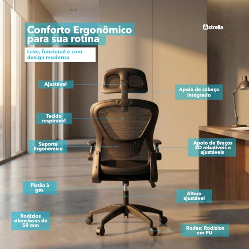 Cadeira de Escritório Astrella Nova Preta Ergonômica com Apoio de Cabeça e Braços 2D Articulados