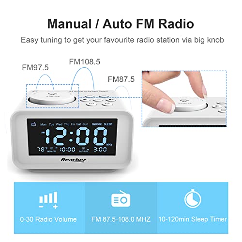 REACHER Small Digital Alarm Clock Radio with 2 USB Charging Ports, 0