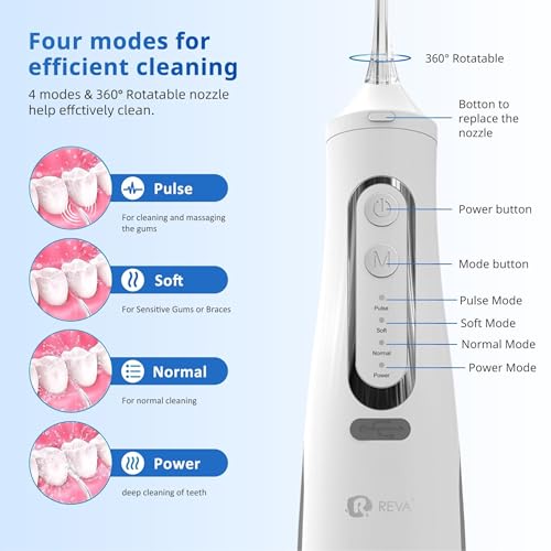 R REVA Cordless Dental Water Flosser for Teeth, Gums & Braces - Electric Oral Irrigator 310ML, 4 Modes, Rechargeable, 4 Jet Tips, Smart Memory, 360° Nozzle, IPX7 Waterproof & Low Noise (M209 - White)