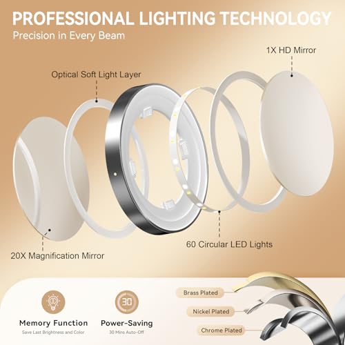 Auxmir 1X/30X Magnifying Mirror with Light, 9” Adjustable Height Makeup Mirror, Rechargeable Lighted Mirror with 3 Color Modes & Dimmable, Double Sided Vanity Mirror for Shaving, Tweezing
