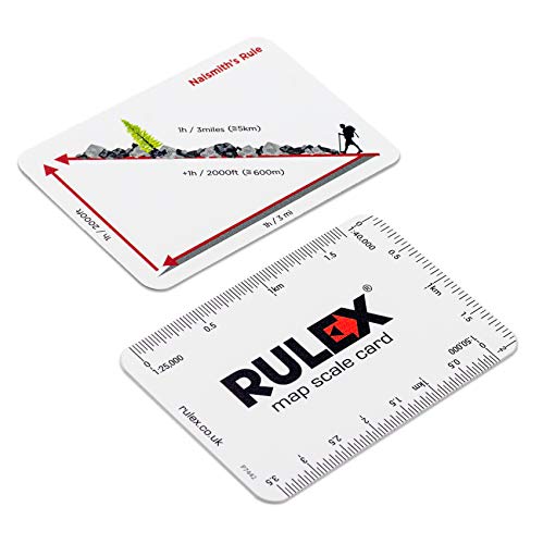 Rulex OS map scale card with scales: 1:25000, 1:50000 and 1:40000 and Naismith’s Rule - UK manufactured