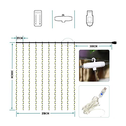 Tenda Luminosa, TAOPE Luci a Cascata per Finestra Balcone 300 LED/IP65 Impermeabile/8 modalità Controllo remoto Senza Fili, Lucine fatate romantiche per Decorazione Feste Natale Capodanno Bianca Calda