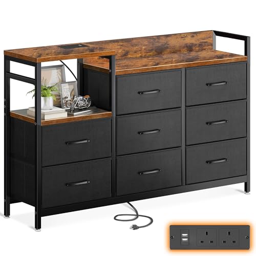 ODK Chest of Drawers Bedroom, Contains 2 USB & 2 AC Ports Sockets, Storage Dresser with 8 Fabric Drawers Suitable for Bedrooms, Living Rooms, Retro Color