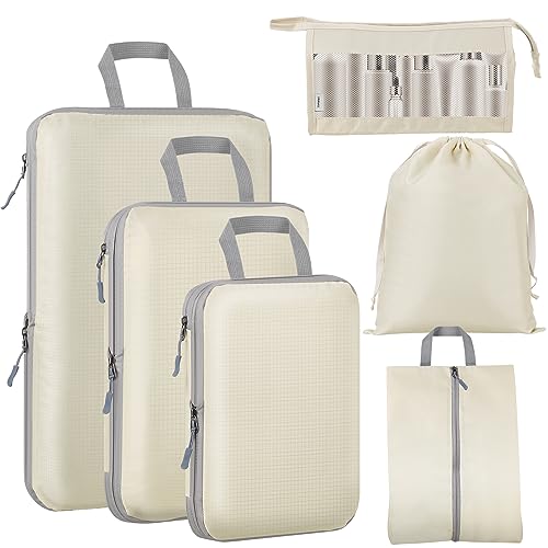 Compression Packing Cubes for Suitcase, GEEDIAR 6 PCS Travel Bags Organizer for Luggage, Travel Organizer Cubes for Travel Essentials, Lightweight Packing Cubes for Travel Accessories with Shoe Bag