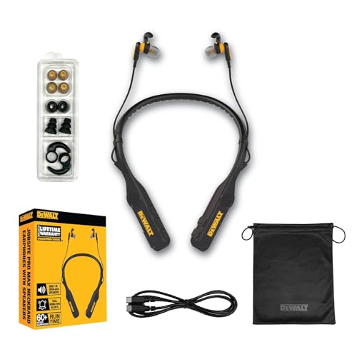 DEWALT Neckband 2-in-1 Heavy Duty Bluetooth Headphones, Wireless Earphones with Built-in Speakers, 60+ Hours Autonomy HD Microphone, IP56 Waterproof, Ideal for Construction Site, Workshop and Outdoor Black