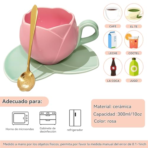 Taza de Café,Taza De Tulipan con Cuchara y portavasos,Juego de Tazas,Hermosa Taza En Forma De Tulipan,con plato y cuchara de cerámica.,para Regalos Mamá, Mujer, Cumpleaños y San Valentín(Rosa)