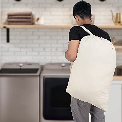Sweet Needle 2 Pack Premium Canvas Laundry Bags with Shoulder Strap, 29.5" x 22", 40L - 100% Cotton, Woven Fabric, Durable, Drawstring with Lock, Machine Washable