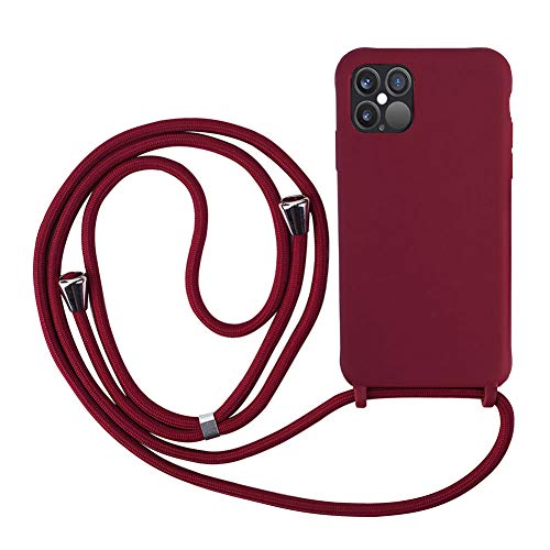 Lanyard Phone Chain Case Compatible with iPhone 12/12 Pro(6.1 Inches), Candy colors Silicone Mobile Phone Cover with Adjustable Neck Cord Lanyard Strap, Anti-Fall Cover for iPhone 12 Pro - Red wine