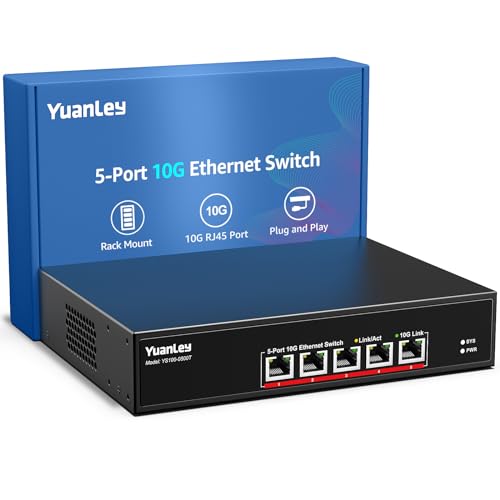 YuanLey 5 Port 10G Ethernet Switch, 5 Ports RJ45 10Gbps, Auto-Negotiated Speed 10G/5G/2.5G/1G/100M, Switching Capacity 100Gbps, Unmanageable Switch, Rackmountable, Plug and Play