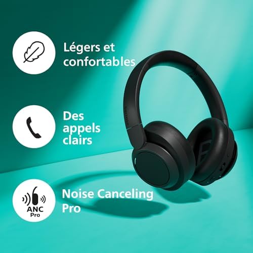 TAH6529BK/00 Casque Bluetooth sans Fil Over‑Ear à Réduction de Bruit – Excellente qualité d’Appel, Compatible Assistant Vocal, Jusqu’à 45 h d’écoute, Adaptateur Avion Inclus – Noir