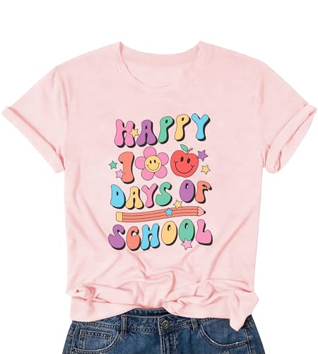 Happy 100 Days of School Shirt, Cute Illustration Teacher Retro Apple T-Shirt,Teacher Appreciation Short Sleeve Shirts