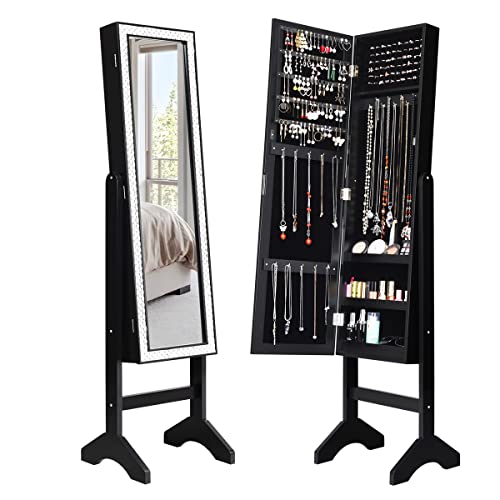 Giantex Mirrored Jewelry Cabinet Armoire with Mirror w/Resin Diamond Design Standing Storage Organizer Box with Full-length Mirror, Earring Slots Holes, Necklace Hooks, Storage Shelves, Black