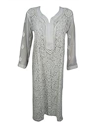 Women's White Yoga Indian Kurta Paisley Embroidered Sheer Georgette Tunic Dress L